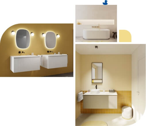  Witte zwevende badkamermeubels tegen een warme gele muur met organische spiegels en sfeerverlichting.